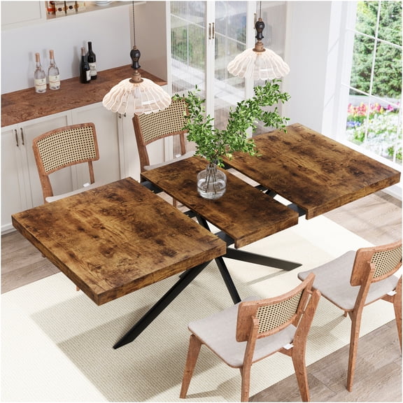 JERFIT Expandable Dining Table, Retro Rectangular Stretch Table with Storage, Antique Brown Wood Look, for Kitchen Dining Room