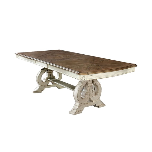JERFIT Expandable Dining Table, Rustic Farmhouse Trestle Base, Antique White Solid Wood Table, Seats 8 with Extension Leaf for Dining Room