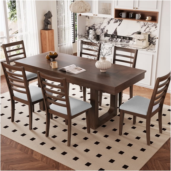 JERFIT Expandable Dining Table Set for 6 with Upholstered Chairs, Farmhouse Kitchen Table Set, Walnut Finish & Beige Linen