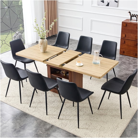 JERFIT Expandable Dining Table Set for 8, Extendable Table with 8 PU Leather Chairs, Modern Black Walnut Finish