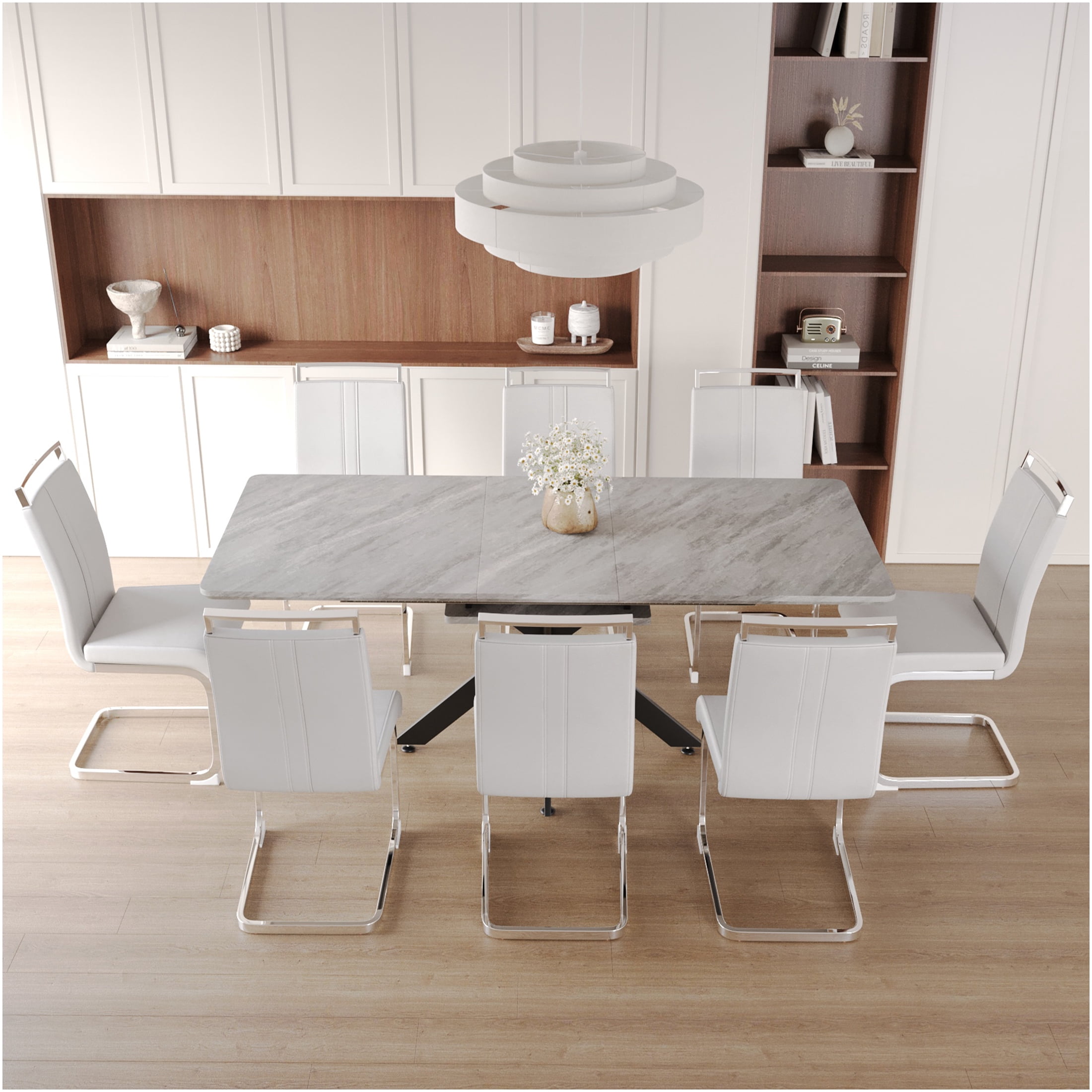 JERFIT Expandable Dining Table Set for 8 with Gray Chairs, MDF Top and ...