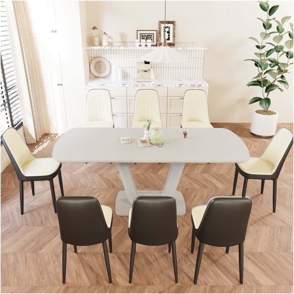 JERFIT Expandable Dining Table Set for 8 with PU Chairs, U-Shaped Legs, Beige/Grey or Black, MDF Table for Kitchen & Dining Room