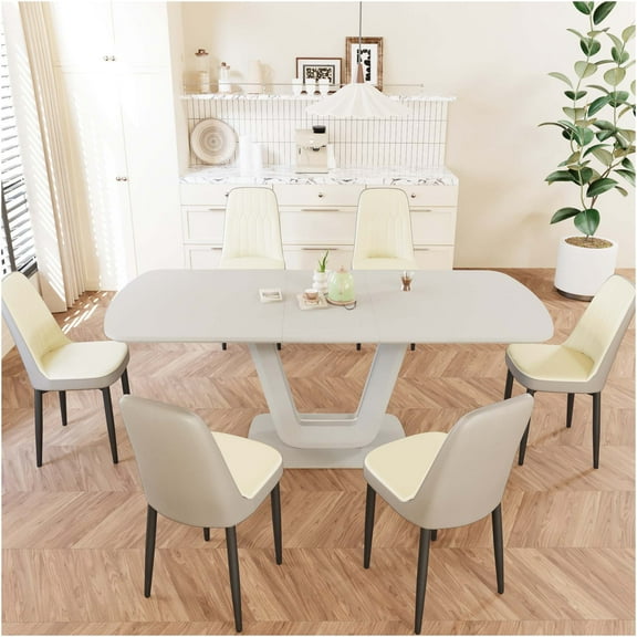 JERFIT Expandable Dining Table Set for 8 with PU Upholstered Chairs, Beige Grey Modern Kitchen Table Set with U-Shaped Legs