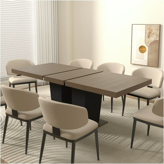JERFIT Expandable Dining Table for 4 to 10 Person, Modern Beige Brown Wood Finish Kitchen Table with Black Pedestal Base
