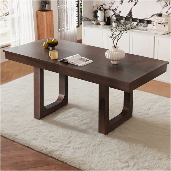 JERFIT Expandable Dining Table for 4 to 8 People, Farmhouse Kitchen Table with Removable Leaf, Solid Wood Legs, Walnut Finish