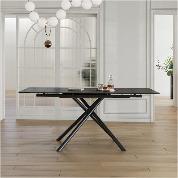 JERFIT Expandable Dining Table for 6-8 People, Modern Sintered Stone Top with Black Carbon Steel Legs, Retractable Extendable Design for Space Saving