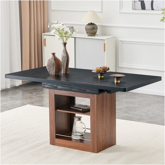 JERFIT Expandable Dining Table with Storage, Extendable Kitchen Table for 4 to 8 People, Modern Black and Walnut Rectangular Pull Table