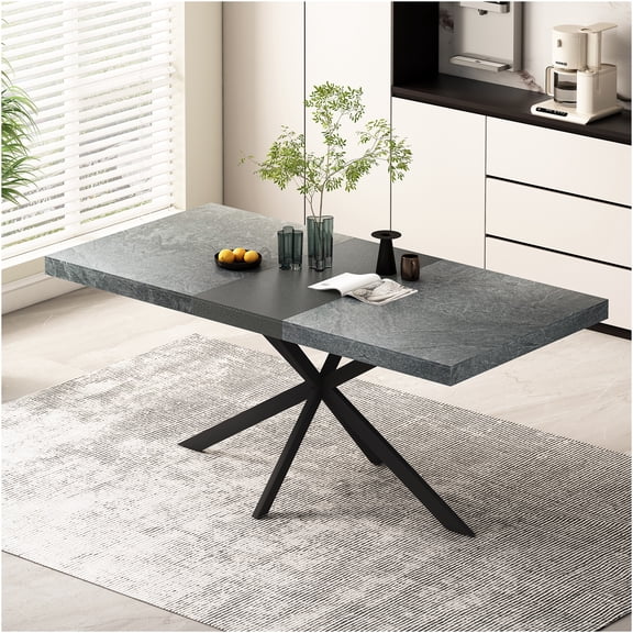JERFIT Expandable Dining Table with Storage, Retro Rectangular Stretch Table with Dark Grey Stone Top, Black Cross Metal Base for Kitchen Dining Room