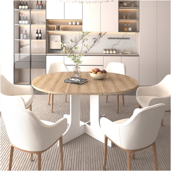 JERFIT Expandable Farmhouse Dining Table Oval White Oak MDF X-Base Kitchen Room