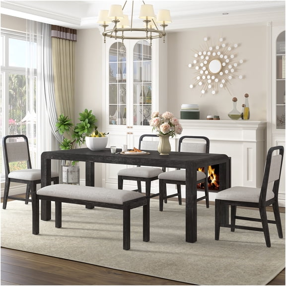 JERFIT Expandable Farmhouse Dining Table Set with 4 Chairs and Bench for 4-6 People, Rustic Wire-Brushed Finish, Espresso