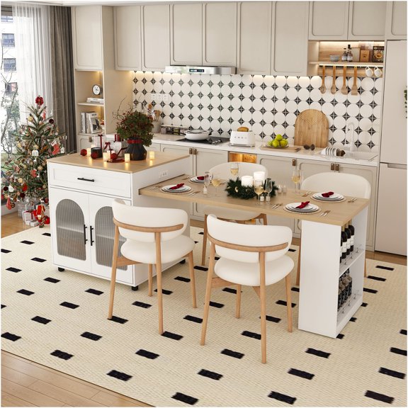 JERFIT Expandable Kitchen Island Cart with Outlets, Mobile Prep Table with Storage Cabinet, Drawers, and USB Charging Station, White