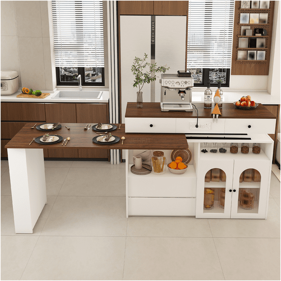 JERFIT Expandable Kitchen Island with Rotating Tabletop, Retro Walnut Finish, 4 Drawers & Glass Door Cabinet, Built-in Power Outlet, Multi-Functional Dining & Prep Station for Small Spaces