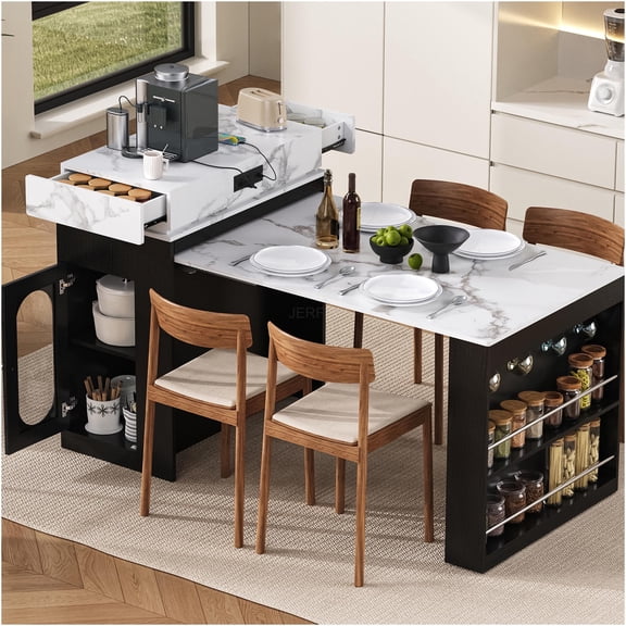 JERFIT Expandable Kitchen Island Table with Folding Top, Storage Drawers, Power Outlet, and Wheels, Multi-Functional Sideboard for Dining Room and Kitchen in Black and White Marble