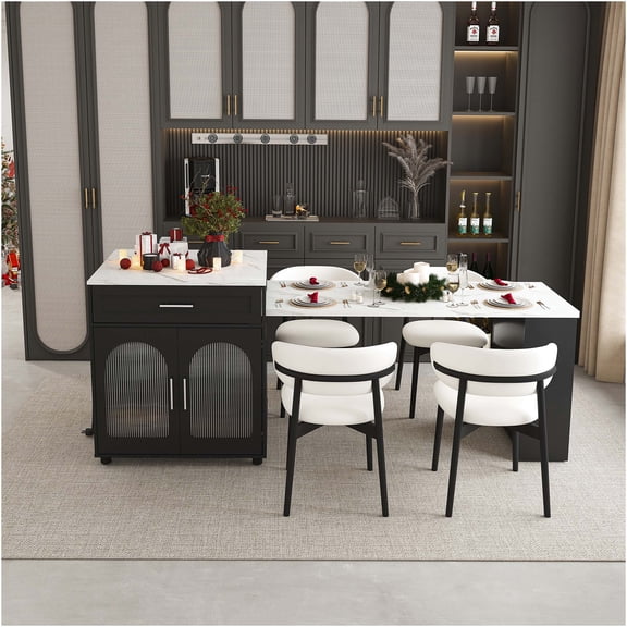 JERFIT Expandable Kitchen Island with Power Outlet, Mobile Prep Cart with Marble Tabletop, Storage Cabinet and Drawers, Black