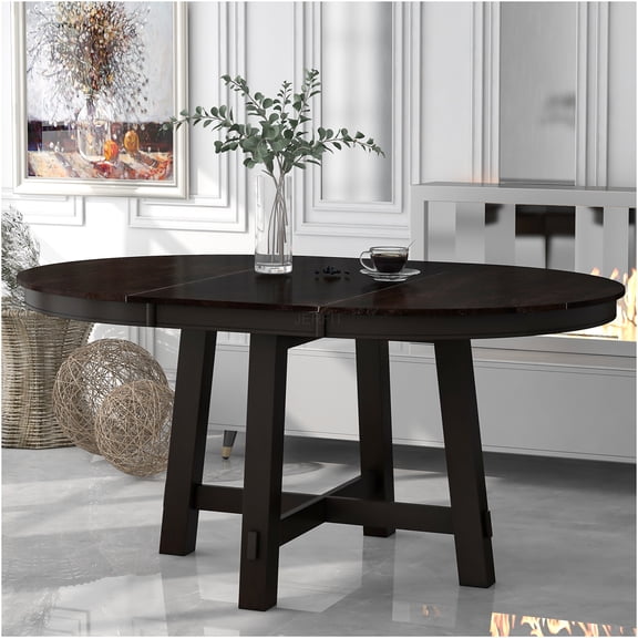 JERFIT Expandable Round Dining Table Farmhouse Kitchen Table with Leaf, Solid Wood, Espresso Finish