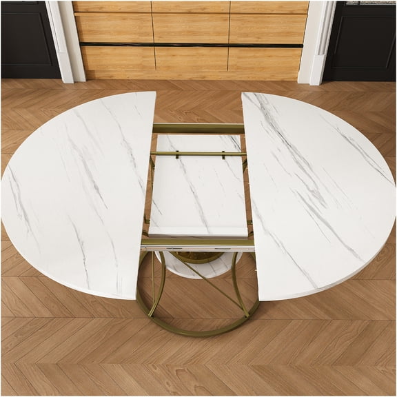 JERFIT Expandable Round Dining Table with Storage Shelf, Marble Look & Gold Metal Base, Extendable Kitchen Table for Small Space, Farmhouse Style