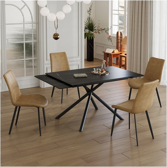 JERFIT Expandable Sintered Stone Dining Table Set for 6-8 Persons with 4 Chairs, Modern Rectangle Kitchen Table with Retractable Leaves and Sturdy Cross Leg Base, Black