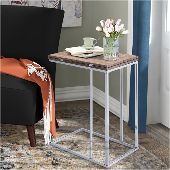 JERFIT Expandable Swivel Top End Table with Geometric Base, Industrial Weathered Oak & Chrome Finish, Small Accent Table for Living Room