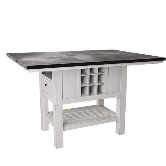 JERFIT Extendable Dining Table with Storage, Counter Height Kitchen Table, Antique White and Gray Finish, Solid Rubber Wood, 2 Leaves, Modern Farmhouse Style