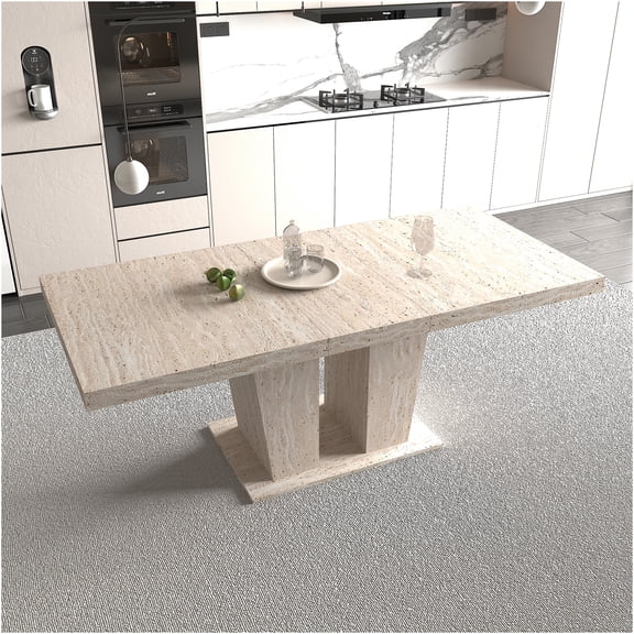 JERFIT Extendable Dining Table for 6 to 10 Seats, Beige Travertine Marble Look Tabletop, Modern Expandable Kitchen Table with Sturdy Legs