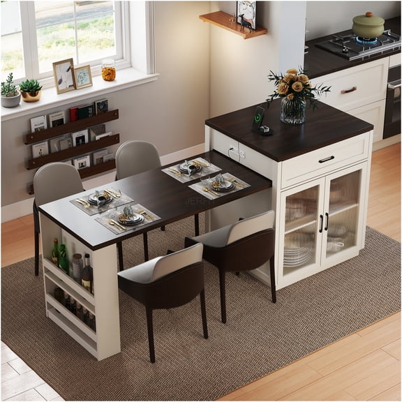 JERFIT Extendable Kitchen Island with Drop Leaf Table, Power Outlet, Tempered Glass Doors & Storage, Cream White & Walnut, Expandable Dining Table & Prep Station