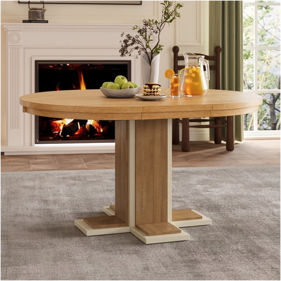 JERFIT Extendable Oval Dining Table for 6 with Removable Leaf, Retro Solid Wood Kitchen Table with Double Pedestal Base, Natural Wood Wash Finish