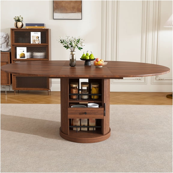 JERFIT Extendable Oval Dining Table with Storage Shelf, Walnut Finish Expandable Kitchen Table for Small Space, Seats 4-6, Pedestal Base