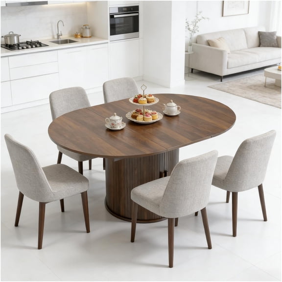 JERFIT Extendable Round Dining Table with Storage, Expandable Drop Leaf Table for Small Space, Walnut Finish