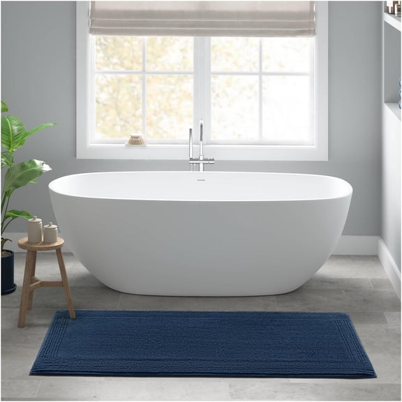 JERFIT Extra Long Reversible Bath Rug, 24x72 Inch 3000 GSM Heavyweight 100% Cotton Non-Slip Bathroom Mat, Ultra Plush & Absorbent, Navy Blue