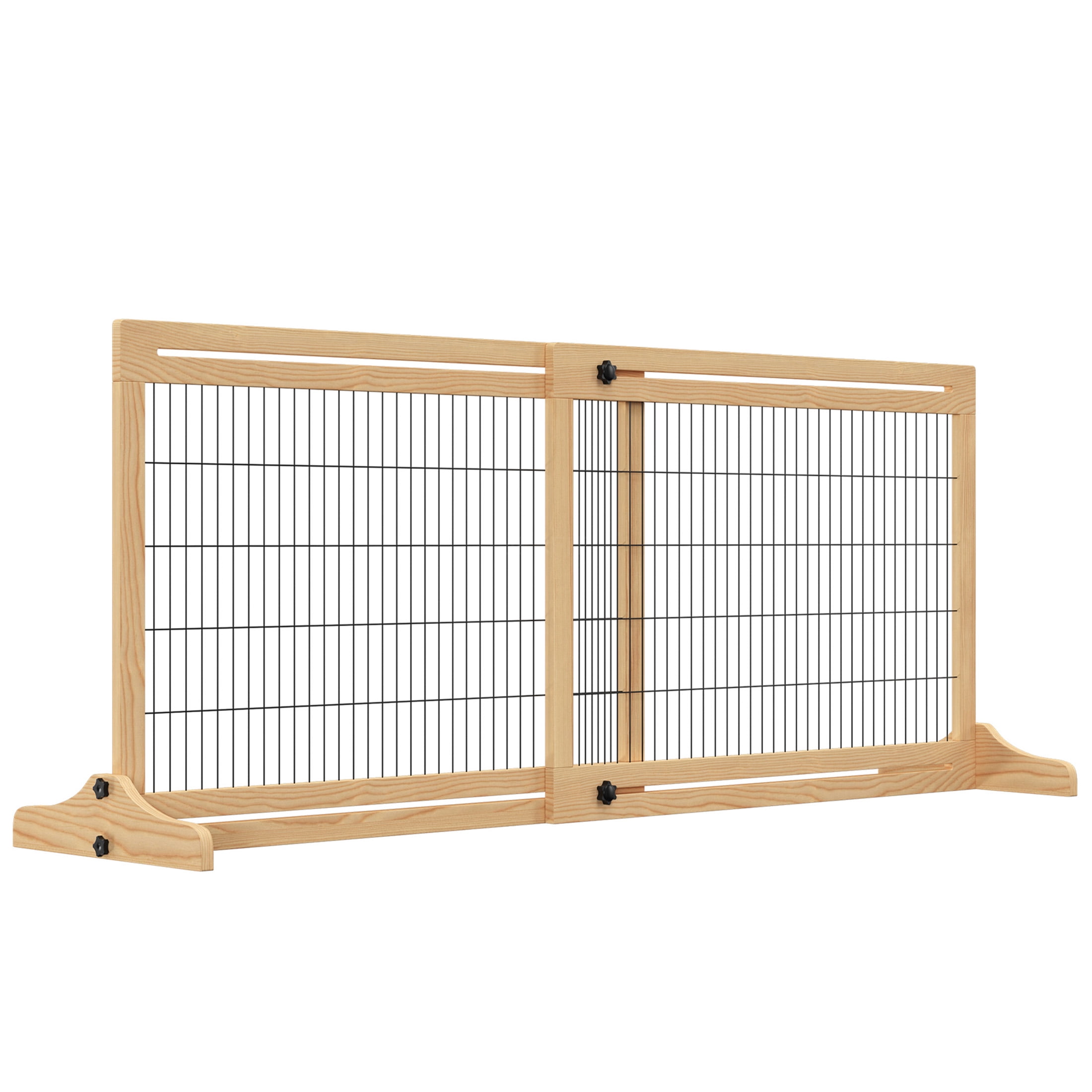 JERFIT Extra Wide Freestanding Pet Gate for Doorways, 41-72 inch Adjustable Wooden Dog Gate with Steel Mesh, Ideal for Hallways & Stairs, Natural Finish