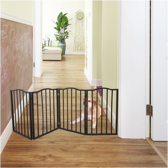 JERFIT Extra Wide Freestanding Pet Gate for Doorways & Stairs, Dark Brown Solid Wood Folding Dog Gate, No Tools Needed Pressure Mount Baby Gate for House