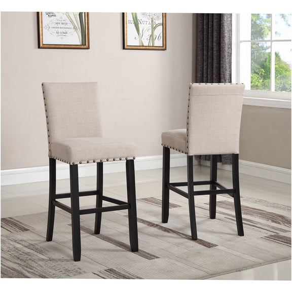JERFIT Fabric Bar Stools Set of 2 with Nailhead Trim, Tan Upholstered Counter Height Stools, Hardwood Frame, Espresso Finish for Kitchen Island, Breakfast Bar, Dining