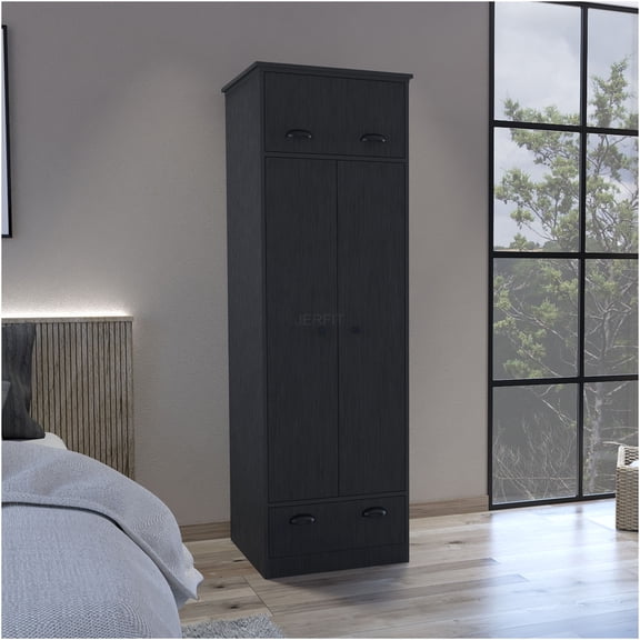 JERFIT Falkland Modern Black Armoire with Hinged & Pull Out Drawers, Double Door Wardrobe Storage Cabinet