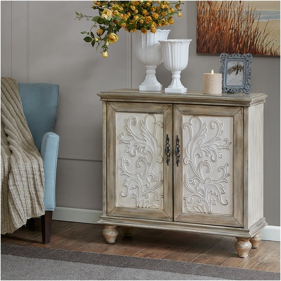 JERFIT Farmhouse 2-Door Storage Cabinet with Floral Design, Reclaimed Natural Wood Finish Accent Chest for Living Room