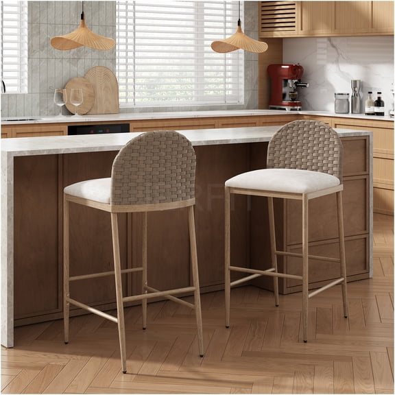 JERFIT Farmhouse Bar Stools Set of 2, Upholstered Counter Stools with Woven Rattan Back, Armless Kitchen Island Stools for Dining Table, Brown and Beige