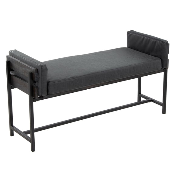 JERFIT Farmhouse Bench with Upholstered Seat, Black Metal Frame and Grey Wood for Entryway, Dining Room, Living Room