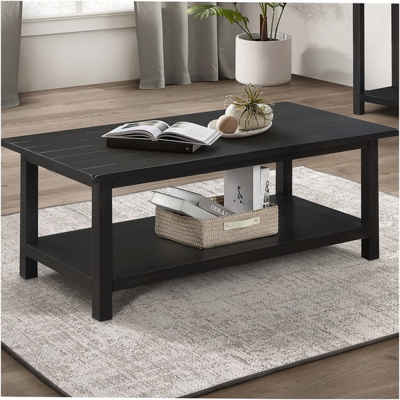 JERFIT Farmhouse Coffee Table with Shelf, Distressed Brown Java Wood Sofa Table for Living Room, Rustic Storage End Table with Open Bottom Shelf