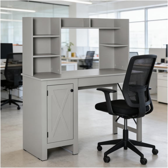 JERFIT Farmhouse Computer Desk with Hutch, 2-Tier Cabinet & 8 Shelves, Light Grey Writing Desk for Home Office