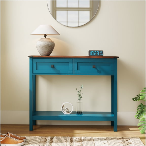 JERFIT Farmhouse Console Table with 2 Drawers, Storage Shelf for Entryway, Sofa Table for Living Room, Pagoda Blue