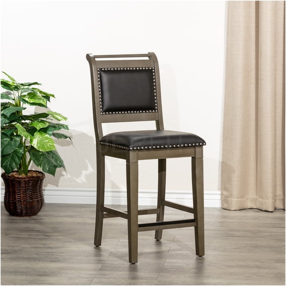 JERFIT Farmhouse Counter Stool with Bonded Leather Seat, Weathered Gray Finish for Kitchen Island, Bar Stool with Nail Head Trim and Footrest