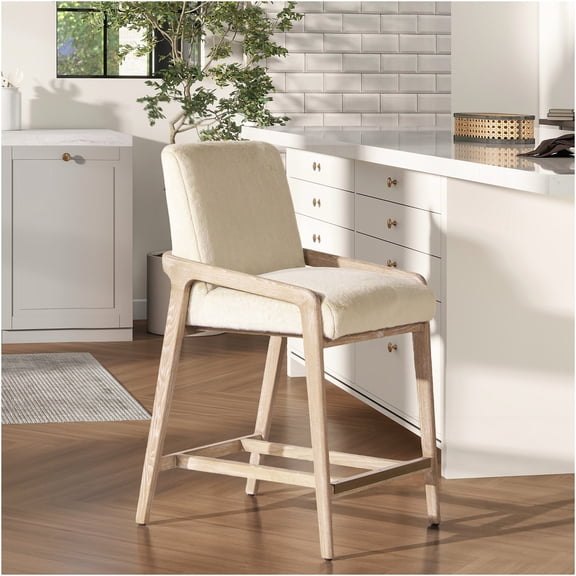 JERFIT Farmhouse Counter Stool with Faux Fur Upholstery, Cream White Ash Wood Bar Stool with Rope Accent for Kitchen Island, Dining & Breakfast Nook