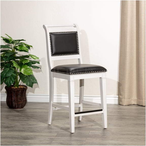 JERFIT Farmhouse Counter Stool with Leather Seat, Antique White Finish, Rustic Kitchen Bar Stool for Dining, Comfortable Back Support