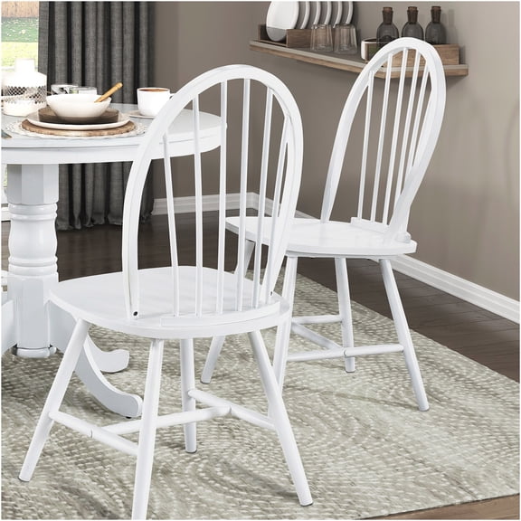 JERFIT Farmhouse Dining Chairs Set of 2, White Windsor Side Chairs for Kitchen, Wooden Accent Chairs with Traditional Back