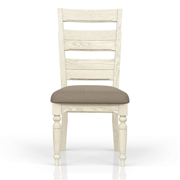 JERFIT Farmhouse Dining Chairs Set of 2, Whitewash Solid Wood Ladder Back Side Chairs with Padded Taupe Fabric Seat for Kitchen, Dining Room