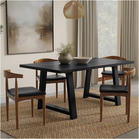JERFIT Farmhouse Dining Table, 72 Inch Black Wood Kitchen Table with Trestle Base for 6, Rustic Solid Mango Wood Dining Room Table