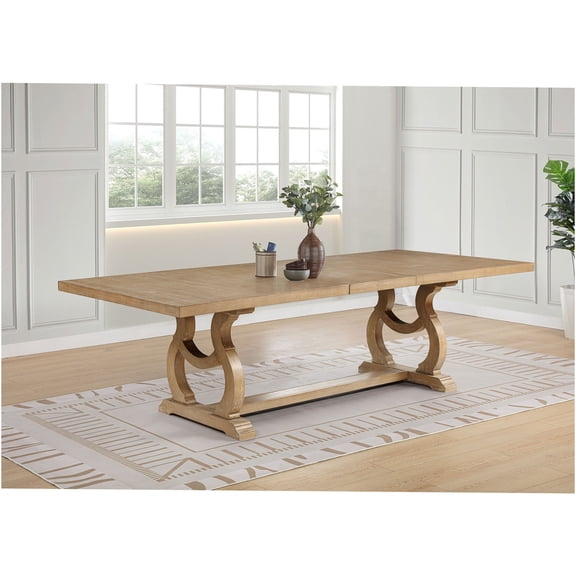 JERFIT Farmhouse Dining Table, 84 Inch Rectangular Trestle Table with Extension Leaf, Brown Wooden Kitchen Table for Dining Room