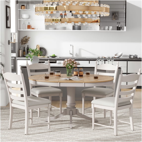 JERFIT Farmhouse Dining Table Set for 4, Retro Extendable Round Kitchen Table with 4 Upholstered Chairs, Solid Wood Expandable Dining Set in Off White