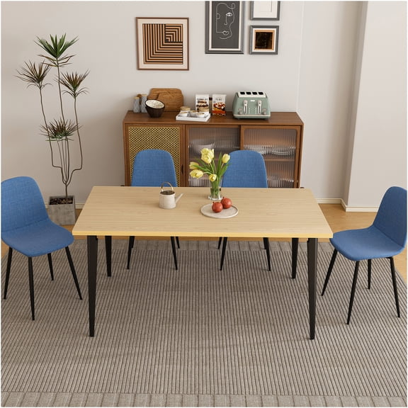 JERFIT Farmhouse Dining Table Set for 6 with 4 Chairs, Rustic Industrial Rectangular Kitchen Table, Natural Wood Finish & Iron Legs for Dining Room, Kitchen, Patio