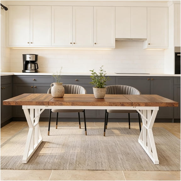 JERFIT Farmhouse Dining Table for 6, 70.86 Inch Rustic Wood Kitchen Table with Metal Trestle Base, Brown and White Versatile Conference Desk