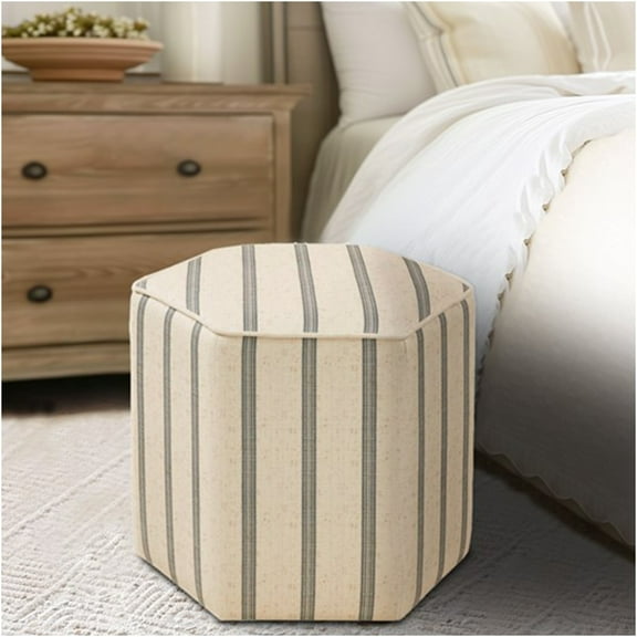 JERFIT Farmhouse Hexagonal Storage Ottoman, Natural Stripe Fabric Upholstered Footstool Bench with Solid Wood Frame for Living Room, Bedroom